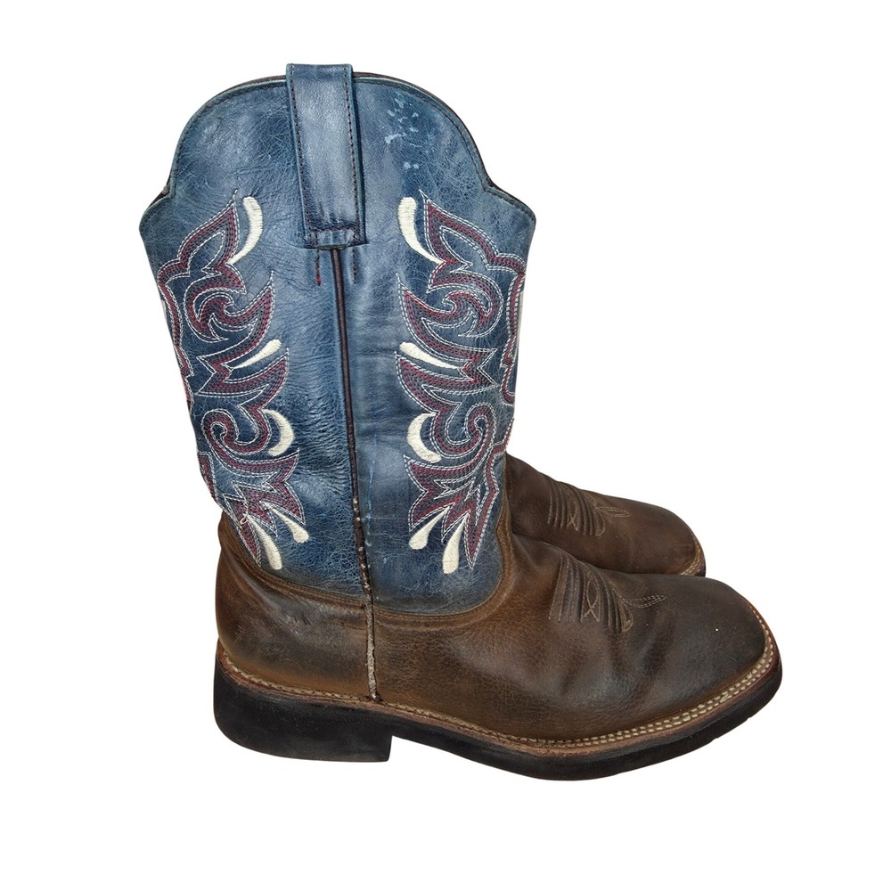 Cowboy Boots Mens 13 Brown Blue Western Roper Botas Vaquero Pull On Equestrian